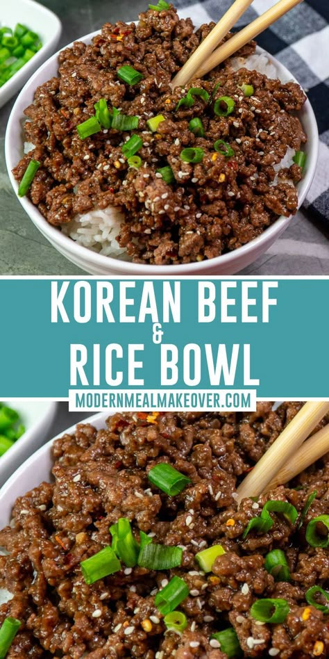 Looking for a way to use ground beef that is out of the norm? This Korean Inspired Ground Beef Bowl is the perfect quick-fix! It’s an easy 30-Minute family dinner full of flavor. The garlic, ginger, sesame, and soy sauce bring a pop of Asian spices to your beef that’s unmatched. Serve over a steaming bowl of rice for a traditional Korean comfort dish. Ground Beef Bowl, Beef Bowl Recipe, Korean Ground Beef, Korean Beef Bowl, Beef Food Recipes, Ground Beef Rice, Beef Bowl, Beef Rice, Asian Beef