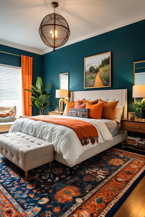 DGEXP Home's Amazon Page Contemporary Modern Bedroom, Royal Bedroom Design, Bold Bedroom, Fall Bedroom Decor, Teal Bedroom, Stile Boho Chic, Bedroom Orange, Bed Design Modern, Fall Bedroom