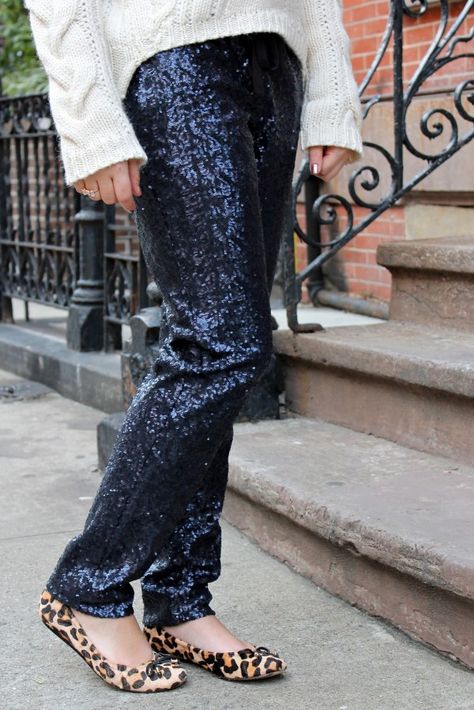 Cream Sweater, Navy Sequin Pants, Leopard Flats Blue Sequin Pants Outfit, Chic Fitted Sequin Pants, Blue Sequin Pants, Navy Sequin Leggings, Holiday Wide-leg Sequined Bottoms, Party Wide-leg Sequin Pants, Chic High-waisted Sequin Pants, Sequin Pants Outfit, Sequins Pants Outfit