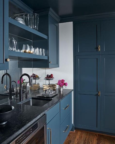 15 Cabinet Colors That Go With Black Granite Countertops | Hunker Blue Cabinets With Black Countertops, Neutral Kitchen Colors Schemes, Cabinets With Black Countertops, Black Granite Countertops Kitchen, Blue Kitchen Ideas, Blue Color Palettes, Blue Cabinetry, Kitchen Color Palettes, Light Blue Kitchens