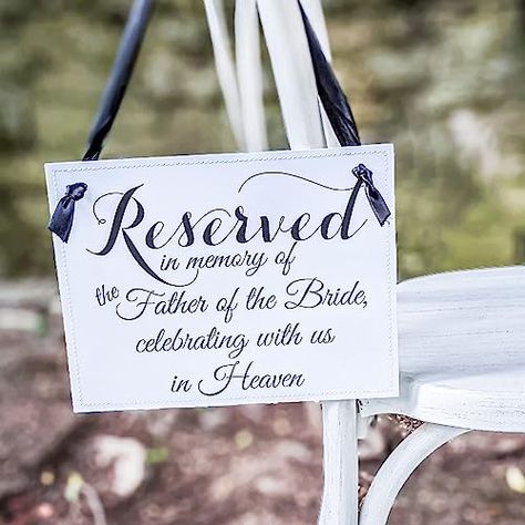 Paying homage to the beloved father of the bride, this memorial banner stands as a powerful symbol of love and remembrance for your Dad. Simply hang it on a chair, and let his spirit resonate throughout your wedding day. But here's the thing: this memorial banner goes way beyond being just another wedding detail. It's a heartfelt reflection of the treasured moments between a little girl and her father. It captures their bond in such a beautiful and genuine way, you can't help but feel the love. Wedding Chair Signs, Wedding Memorial Sign, Memorial Signs, Wedding Chairs, Wedding Memorial, Father Of The Bride, The Father, Ceremony Decorations, Special People