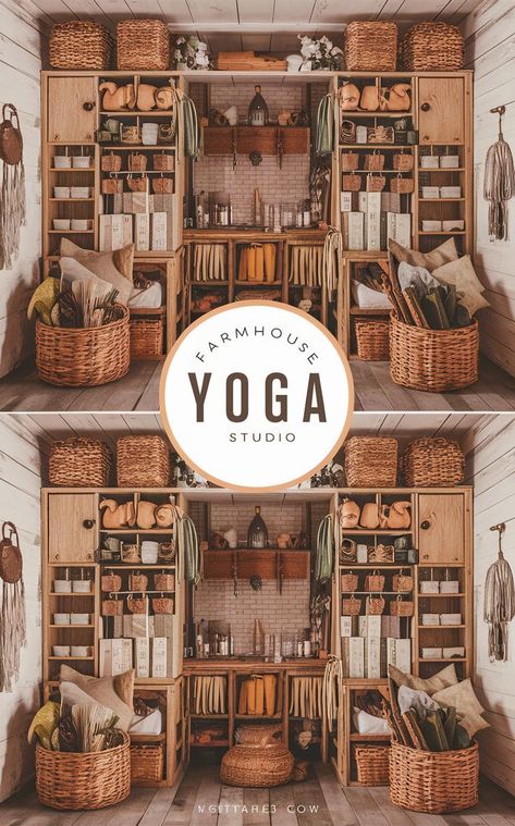 A farmhouse-inspired yoga studio with cozy and organized merchandise and gear storage. Yoga Equipment Storage, Gear Storage, Yoga Supplies, Equipment Storage, Yoga Gear, Yoga Equipment, Farmhouse Charm, How To Organize, Yoga Studio