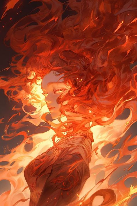 Play With Fire Aesthetic, World On Fire Art, Fire Girl Aesthetic, Fire Hair Art, Fire Magic Art, Fire Drawing Reference, Fire Hair Drawing, Fire Fantasy Art, Fire Genasi Female Dnd