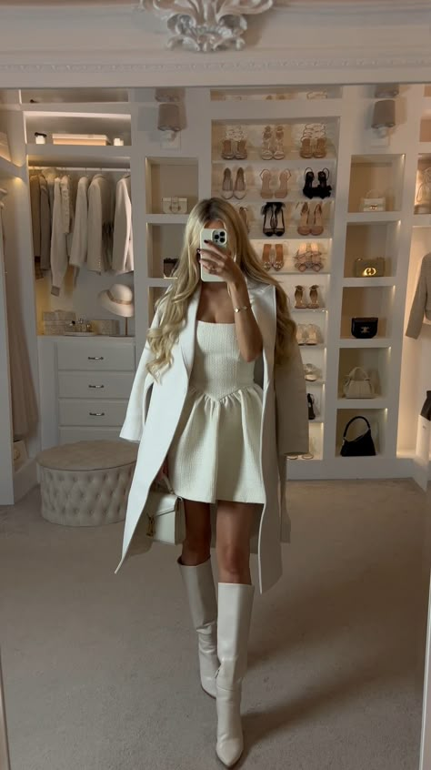 Engagement Party Outfit For Bride Winter, Bachelorette Outfits Winter, White Dress With Stockings Outfit, Jacket Over Dress Outfit, White Dress With White Boots, Winter Mini Dress Outfit, White Winter Dress Outfit, Winter Bridal Outfit, White Dress Christmas Outfit