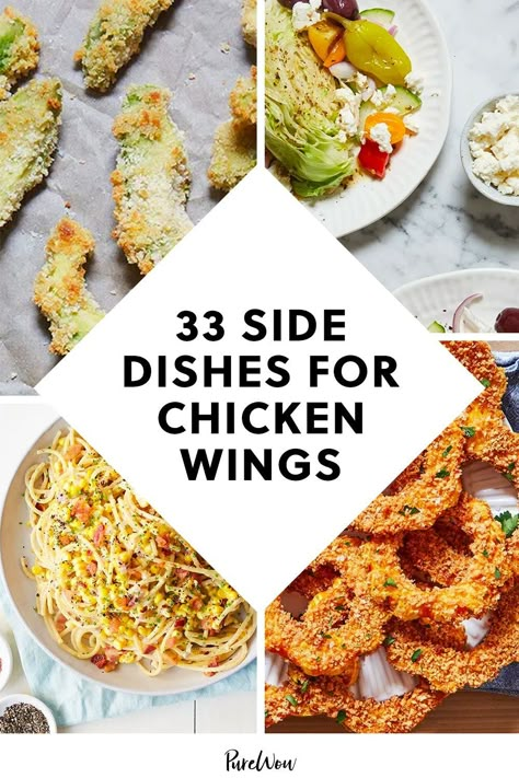 What goes with chicken wings? Transform wings into a nutritious dinner with these 33 side dishes to serve at your next BBQ. #chicken #wings #sides Chicken Wings Lunch Ideas, Side For Wings Ideas, Healthy Chicken Wing Dinner, Sides For Chicken Wings Dinners, Chicken Wings And Salad, Sides To Serve With Chicken Wings, What To Pair With Chicken Wings, What Goes With Wings Sides, What Sides Go With Chicken Wings