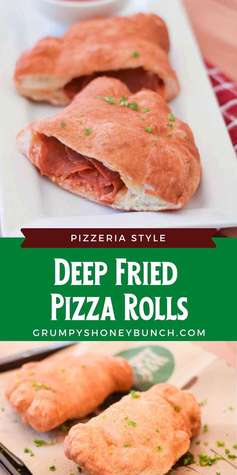 Make your own Pizzeria Style Deep Fried Pizza Rolls right at home! A simple recipe with basic ingredients that can be made in less than 30 minutes. Get this pizza recipe and more at Grumpy's Honeybunch Fried Pepperoni Rolls, Fried Pizza Rolls, Deep Fried Pizza Rolls, Deep Fried Pizza Pockets, Pepperoni Pizza Rolls With Pizza Dough, Xl Pizza Roll Fast, Deep Fried Pizza, Pepperoni Pizza Rolls Crescents, Fried Biscuits