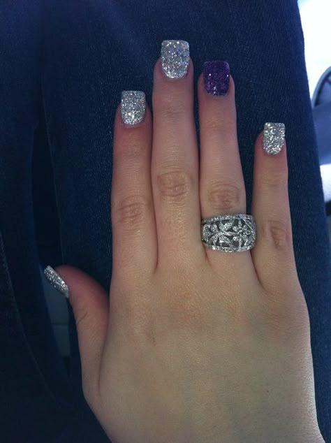 Rockstar Nails Nurse Nails, Silver Sparkle Nails, Purple And Silver Nails, Rockstar Nails, Solar Nails, Fashionable Nails, Formal Nails, Unicorn Nails, Purple And Silver