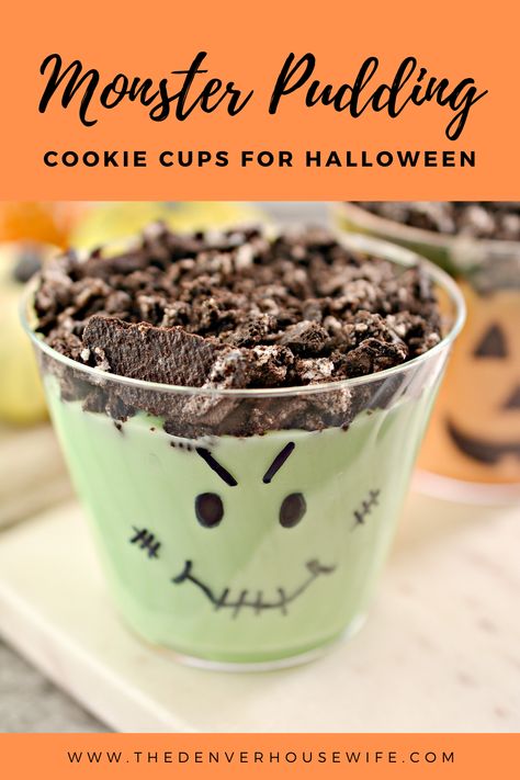 These Halloween dessert cups for kids are quick and easy to make. Halloween Monster Cookie Pudding Dirty Cups are the perfect Halloween snack for children to enjoy at a Halloween Party. Frankenstein Pudding Cups, Graveyard Pudding Cups, Halloween Dessert Cups, Halloween Toddler Food, Cookie Pudding Cups, Monster Desserts, Halloween Snack For Kids, Halloween Pudding Cups, Fruit Parfait Cups