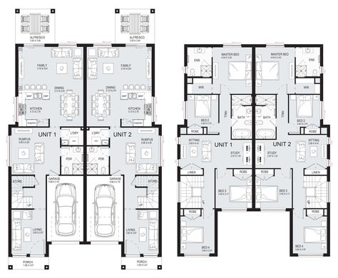 Richmond 50 - Duplex Level - Floorplan by Kurmond Homes - New Home Builders Sydney NSW Semidetached Houses, Cluster Homes, Barndo Plans, Town House Plans, Dual Occupancy, Duplex Floor Plans, Narrow House Designs, Modern House Floor Plans, Sims 4 House Building