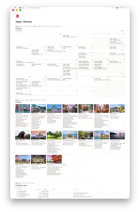 Travel: Planning a big trip using Notion (Japan) - Marie Poulin - Workflow design with Notion Notion Travel Itinerary, Notion Trip Planner, Travel Itenary Template, Notion Travel Template, Notion Travel Planner, Itinerary Template Free, Trip Planning Template, Study Planner Free, Notion Inspiration