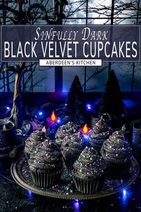 Sinfully dark and hauntingly delicious, these black velvet cupcakes are the ultimate Halloween dessert. With a rich, moist, chocolate base and topped with buttery, creamy, black-hued frosting, these indulgent treats are spookily irresistible! From aberdeenskitchen.com #black #velvet #cupcakes #baking #halloween #dessert #recipe Black Velvet Halloween Cookies, Black Velvet Halloween Cake, Black Velvet Cupcakes Halloween, Black Velvet Cake Recipe, Black Velvet Cupcakes, Halloween Dessert Recipe, Black Velvet Cake, Baking Halloween, Spooky Red Velvet Cupcakes