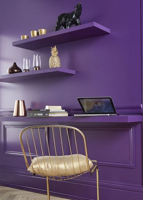 a violet statement wall with shelves and a floating desk Deco Violet, Purple Office, Purple Room, Purple Interior, Purple Rooms, Purple Decor, Purple Home, Purple Walls, Color Of The Year