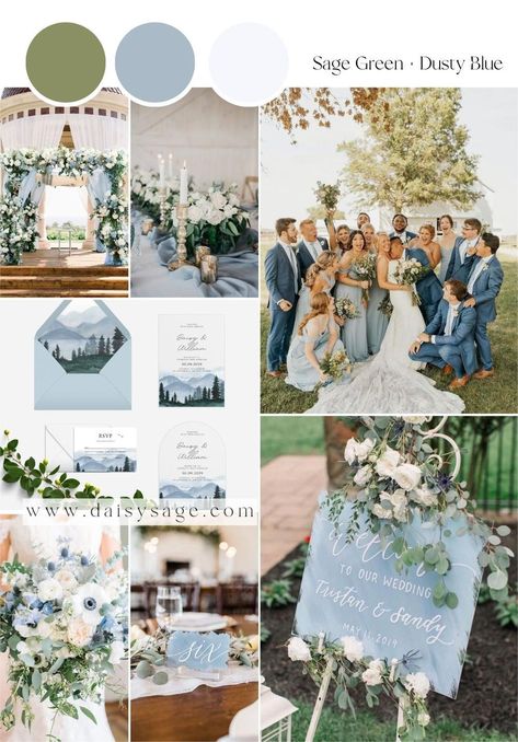 Wedding Ideas Colours, Sage Wedding Theme Colour Palettes, Navy Sage Beige Wedding, Dusky Blue And Sage Green Wedding, Wedding Color Schemes Blues, Dusty Blue And Sage Green Boho Wedding, Dusty Blue Sage Green Grey Wedding, Dusty Sage Wedding Color Schemes, Blue Color Scheme Wedding