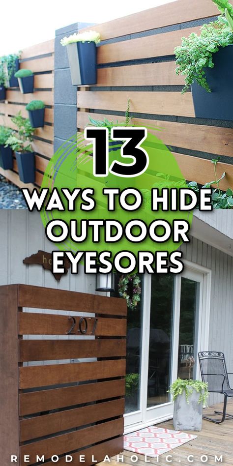 diy ways to hide outdoor eyesores Hiding Outside Air Conditioner, Hide My Ac Unit, How To Hide Ac Condenser, Ac Unit Cover Outdoor Diy Fence, Cover Ac Unit Outdoor Air Conditioner Screen, Ways To Cover Ac Unit Outside, Air Conditioner Cover Outdoor Hide Ac Units, Air Conditioning Cover Outdoor, Utility Box Cover Ideas Outdoor Diy