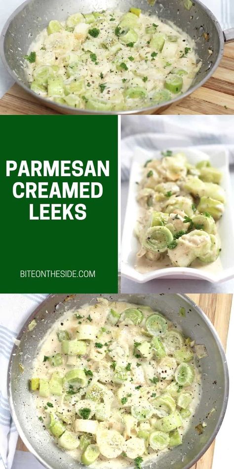 If you have some seasonal leeks to use up, then this simple parmesan creamed leeks recipe is one tasty way to do it! Easy and quick to make in a skillet on the stovetop, they are seasoned with garlic and nutmeg and served in a rich and creamy sauce. Stuffed Leek Recipes, Leeks Recipe Side Dishes, Recipes Using Leeks, Leeks Recipe Healthy, Leeks Side Dish, Leek Recipes Side Dishes, Vege Dishes, Leeks Recipe, Vegetable Meals