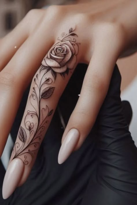 Rose Tattoos Hand For Women, Beautiful Finger Tattoos, Boho Hand Tattoos For Women, Womens Finger Tattoos Ideas, Full Finger Tattoos For Women, Healer Tattoo Ideas, Butterfly Tattoo Thumb, Cute Inner Arm Tattoos For Women, Rose Finger Tattoo For Women