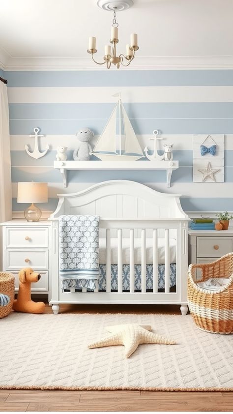 Looking to create the perfect baby boy nursery? Explore a variety of adorable themes and ideas to design a dreamy space for your little one. From classic nautical and woodland themes to modern minimalist designs, find inspiration to suit your style. Whether you prefer bold colors or soft pastels, there are countless ways to personalize the room for your baby boy. Discover creative storage solutions, charming decor pieces, and cozy furniture options that will make your nursery both functional and Ocean Themed Nursery Boy, Ocean Theme Nursery Boy, Baby Boy Nautical Nursery, Beach Theme Nursery Boy, Sailboat Nursery Baby Boy, Lake Themed Nursery, Under The Sea Nursery Boy, Modern Coastal Nursery, Boy Ocean Nursery