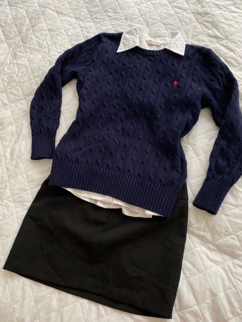 old money ralph lauren jumper navy red autumn aesthetic fall back to school layered outfit fall style inspo outfit ideas preppy blair waldorf #miniskirt #outfitoftheday #outfitinspiration #backtoschool #preppy #theeccentricclutter 1990 Preppy Fashion, Old Money Navy Outfit, Layered Jumper Outfit, Sixth Form Aesthetic Outfits, Blair Waldorf Autumn Outfits, Navy Preppy Outfit, Sixth Form Outfits Private School, Old School Preppy Style, Preppy Private School Outfit