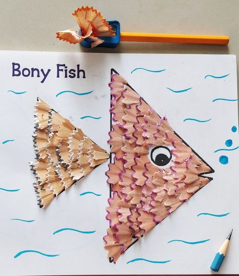 Pencil waste art, beat out of waste activity for grade 1, pencil waste bony fish Grade 1 Drawing Ideas, Pencil Sharpener Waste Art, Pencil Shaving Art Creative, Pencil Waste Art, Pencil Shaving Art For Kids, Best Out Of Waste For Kids, Pencil Waste Craft, Pencil Crafts For Kids, Pencil Shavings Craft