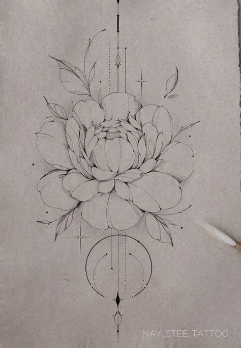 Peony Back Tattoo Women, Geometric Flower Tattoo Design, Floral Mandala Tattoo Design, Linework Flower Tattoo, Small Peony Tattoo, Floral Tattoo Stencil, Fineline Floral Tattoo, Mandala Floral Tattoo Design, Fineline Tattoo Design