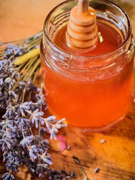 Dried lavender flowers and honey on a wooden cutting board Orange Lavender, Dried Lavender Flowers, Lavender Honey, Lavender Aesthetic, Dried Lavender, Lavender Flowers, Honey, Lavender, Orange