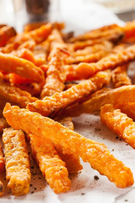 Crispy Deep-Fried Sweet Potato Fries - IzzyCooking Halloween Sweet Potato Fries, Yam Fries Baked, Fried Sweet Potatoes Fries, Fried Sweet Potato Fries, Best Sweet Potato Fries, Sweet Potato Fried, Sweet Potato Fry, Fried Sweet Potatoes, Deep Fried French Fries