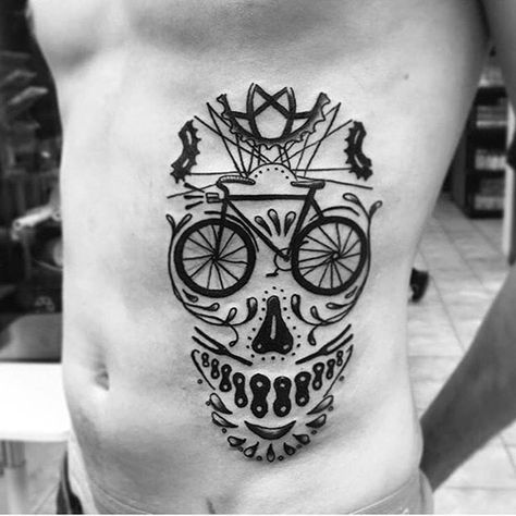 Bike tattoo by darksideofthewall on Instagram. #bike #fixie #biker #cyclist #biking #sport #sugarskull #skull Biking Tattoos For Men, Tattoo Bicycle Ideas, Bicycle Tattoos For Men, Bike Tattoo Ideas, Bicycle Tattoos, Tattoo Bike, Cycling Tattoo, Mountain Bike Tattoo, Bike Tattoo