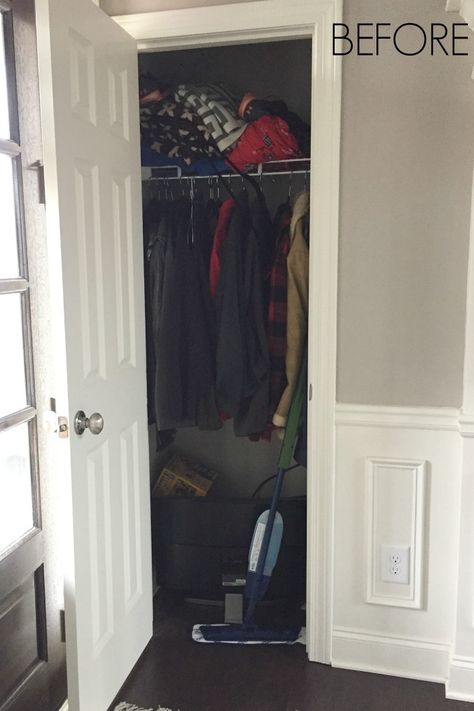 Organized Foyer Coat Closet- Before and After Makeover - Kelley Nan Foyer Closet Makeover, Hall Closet Makeover, Elfa System, Coat Closet Makeover, Coat Closet Ideas, Closet Makeovers, Foyer Closet, Before And After Makeover, Small Space Bathroom Design