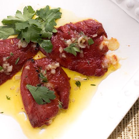 Seared Spanish Piquillo Peppers stuffed with Manchego Cheese | adapted from Jose Andrés on Donostia Foods Eggplant Caponata, Piquillo Peppers, Crispy Crackers, Romesco Sauce, Manchego Cheese, Roasted Chicken Thighs, Sherry Vinegar, Charcuterie Recipes, Fire Roasted