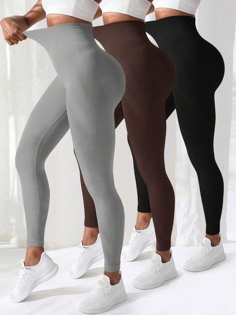 3pcs Solid Tummy Control Sports Leggings workout leggings | SHEIN USA Outfit Pieces, Sports Wear Women, Fitness Wear, Gym Style, Women Sports, Sportswear Women, Kids Beachwear, Sports Leggings, Workout Wear