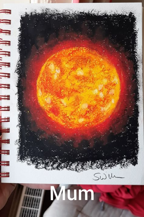 The sun in oil pastels by Mum Planet Oil Painting, Oil Pastel Space Art, Space Oil Pastel, Sun Oil Pastel, Oil Crayon Art, Eclipse Painting, Sun Sketch, Planet Painting, 2024 Eclipse