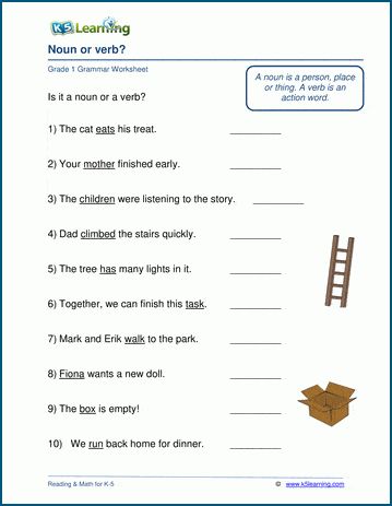 Grade 1 grammar worksheets on telling nouns and verbs apart in sentences. Students have to identify the underlined word as a noun or a verb. Free worksheets from K5 Learning. Nouns And Verbs Worksheets, Verbs Worksheet, Present Tense Verbs, Regular And Irregular Verbs, Simple Present Tense, Cursive Writing Worksheets, Nouns Worksheet, Spelling Worksheets, Verb Worksheets