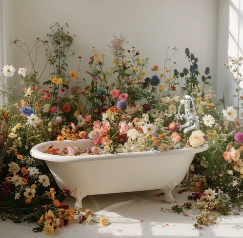 Photo Studio Flower Set Up, Bathtub Flower Photoshoot, Spring Flower Backdrop, Flower Farm Photoshoot Ideas, Flowers In Sink, Bathtub Flowers, Flower Bathtub, Floral Photoshoot, Dream Wedding Decorations