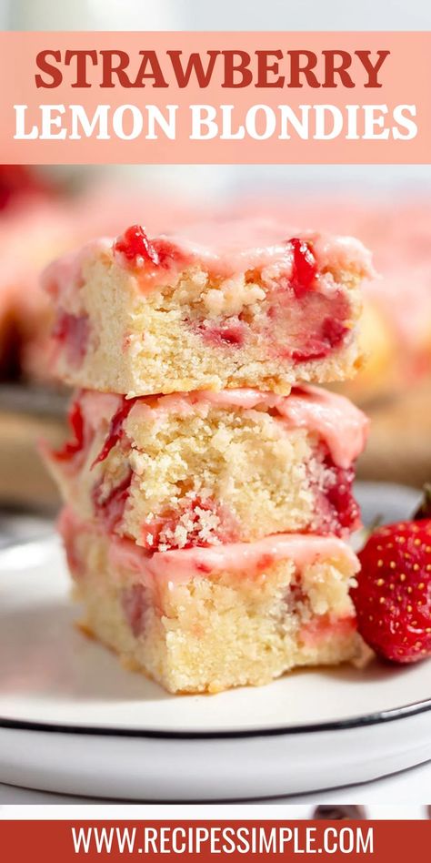 These glazed Strawberry Lemon Blondies are buttery, soft blondies with juicy strawberry pieces that get a perfect citrus zing from fresh lemon juice. Shoneys Strawberry Pie, Key Lime Pound Cake, Strawberry Sheet Cakes, Lemon Brownies, Strawberry Glaze, Strawberry Cake Mix, Strawberry Lemon, Lemon Cake Mixes, Blondies Recipe