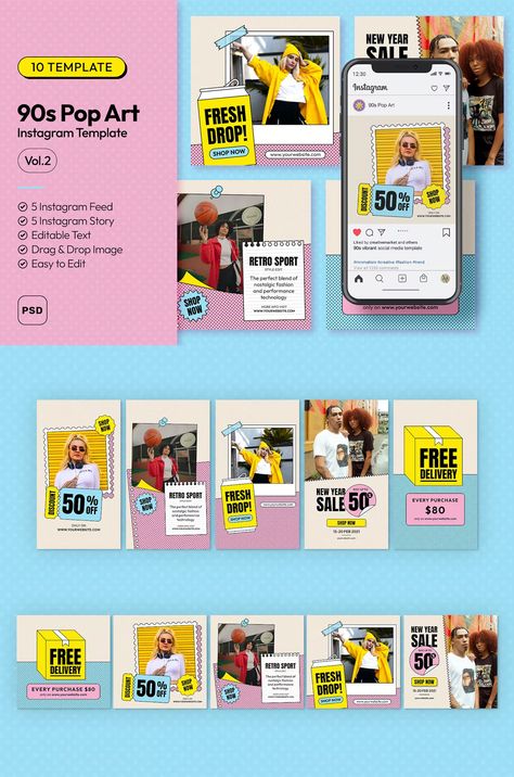 90s Pop Art Instagram Post and Story Templates PSD Pop Art Instagram Feed, Comic Social Media Design, Pop Art Web Design, Pop Art Social Media, Pop Art Social Media Design, Pop Art Website, Pop Art Layout, Social Media Design Inspiration Layout, Instagram Advertising Design