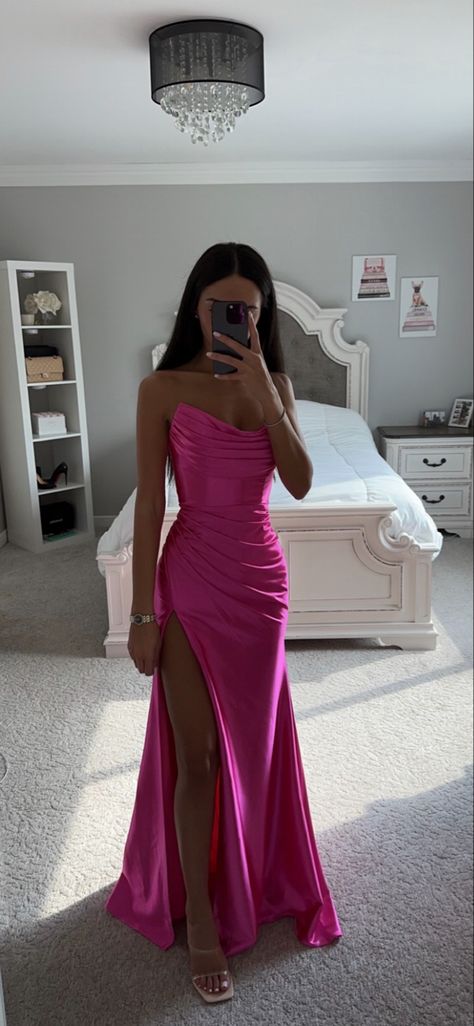 Satin Pink Prom Dress, Classy Prom Dresses Long, Pink Prom Dresses Long, Prom Prep, Cheap Long Bridesmaid Dresses, White Prom Dress Long, Split Prom Dresses, Prom Dress Inspo, Classy Prom