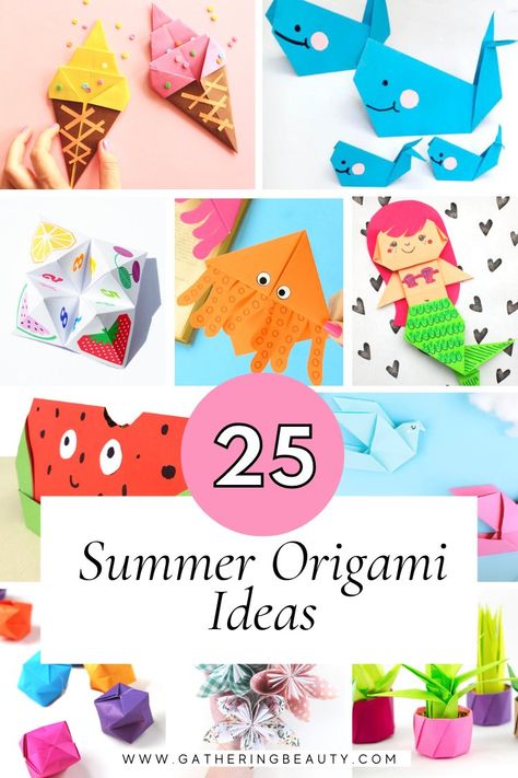 Collage showing ten summer themed origami crafts. Summer Origami, Origami Pumpkin, Origami Butterfly Easy, Origami Lotus Flower, Origami Wall Art, Halloween Origami, Origami Gift Box, Simple Origami, Origami Projects