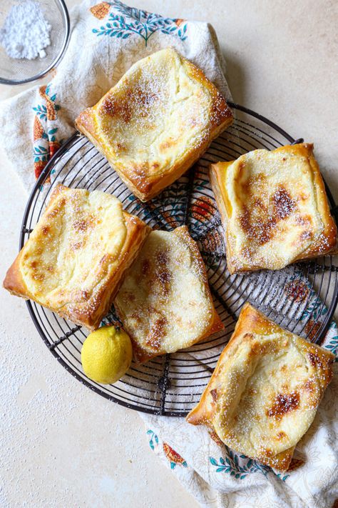 A quick cheese danish made with puff pastry. Easy for brunches, desserts or just because. Cheese Puffs Recipe, Easy Breakfast Treats, Cheese Danishes, Silicone Baking Sheet, Cheese Danish, Puff Pastry Dough, Cheese Puffs, Blueberry Cream Cheese, Puff Pastry Recipes