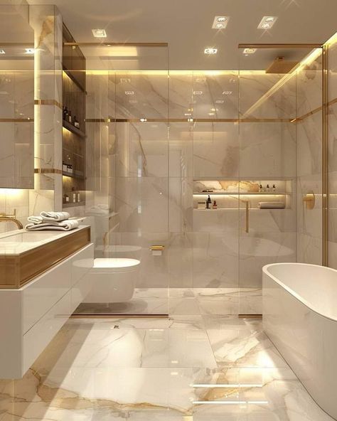 Bath In Corner Of Bathroom, Bathroom Ideas Marble, Big Bathroom Ideas, Mansion Bathrooms, Bathroom Luxury Design, Ensuite Ideas, Modern Bathroom Ideas, Bathroom Luxury, Bathroom Inspiration Modern