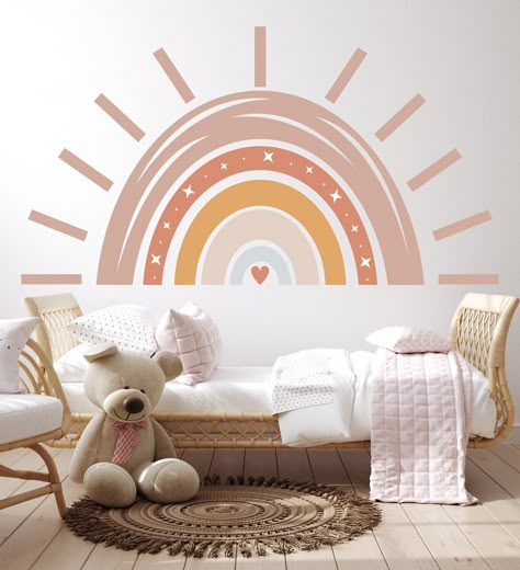 Large Boho Rainbow - Sun Vinyl Decal makes the Playroom Unique and inspiring for your child💫 Montessori Wall Painting Ideas, Rainbow Decals For Walls, Boho Sunshine Nursery, Sun And Rainbow Nursery, Playroom Pastel, Rainbow Kids Bedroom, Minimalist Wall Paint, Baby Nursery Rainbow, Rainbow Kids Room Decor