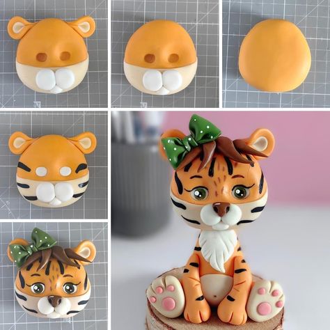 Tiger Cake Topper, Safari Baby Shower Cake, Tiger Cake, Cake Decorating Courses, Cake Topper Tutorial, Fondant Animals, Fondant Cake Toppers, Fondant Tutorial, Fondant Decorations