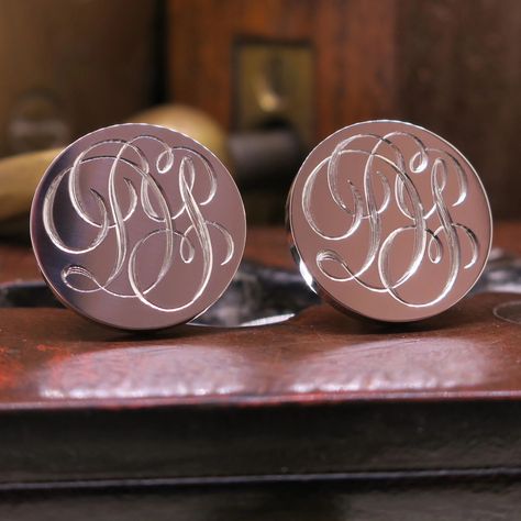 🔥Bespoke Cufflinks🔥 Sterling Silver 14mm Round, 2mm thick, T-Bar fasteners Hand engraved with a custom designed script monogram As with our signet rings, our cufflinks are hydraulically stamped and feature UK Hallmarks too 👌🏼 Perfect for special birthdays and weddings 🤩 #londonengraver #masterhandengraver #masterengraver #mastercraftsman #cufflinks #cufflinkstyle #monogram #monogrameverything #scriptmonogram #typography #font #initials #custommade #customdesign #bespokedesign #bespokestyle Wedding Bands And Engagement Rings, Monogrammed Cufflinks, Gents Fashion, Script Monogram, Bespoke Fashion, Cufflinks Wedding, Signet Rings, Bespoke Wedding, Groom Style