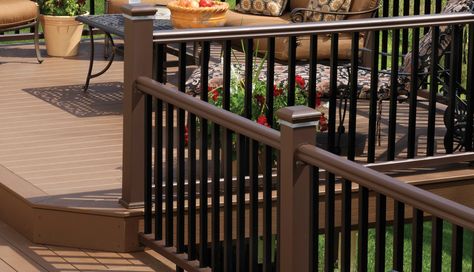 TimberTech RadianceRail Express Railing Collection in Kona Small Deck Railing Ideas, Decking Railing Ideas, Black Railing Deck, Square Balusters, Deck Post Caps, Timbertech Decking, Composite Railing, Trex Transcend, Aluminum Railing Deck