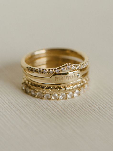 this ring stack is the perfect Mother's Day present to you mom. brilliant white diamonds, textured rings, white rose cut diamond eternity band and the mama script ring. Push Present Ring Stackable, Push Present Jewelry, Push Present Ring, Push Ring, Mothers Day Rings, Push Present, Ring Stacks, Mother's Day Jewelry, Push Presents