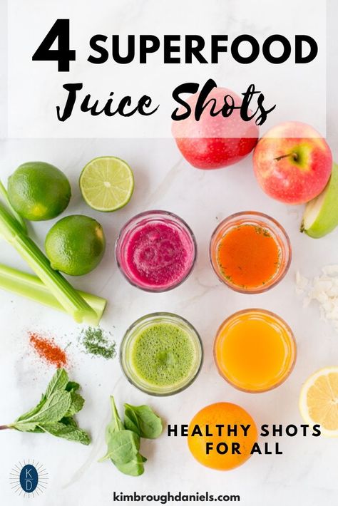 Boost your energy, immunity and overall health with these 4 juice shot recipes. Get your daily dose of vegetables and fruits in quick burst of flavor from a Pink Grapefruit and Greens Superfood Booster, a Healthy Bloody Mary Immunity Shot, an Orange Beet Refresher or a Tropical Tangerine Cooler. Superfood Juice shots are the healthy shots for all! Energy Wellness Shots, Juice Shot Recipes, Juice Shots Recipes, Beet Shots, Shots Healthy, Healthy Shots, Health Boosters, Health Shots, Juice Shot