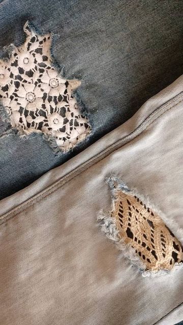 Embroidery On Ripped Jeans, Ripped Jeans Ideas, Denim Repair, Denim Art, Knee Patches, Do It Yourself, Vintage Lace, Sewing Hacks, Ripped Jeans