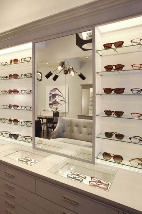 Optical Store Design, Eyewear Shop Design, Wall Mounted Display Cabinets, Glass Shelves In Bathroom, Eyewear Store Design, Optometry Office, Glass Store, Optical Store, Optical Design