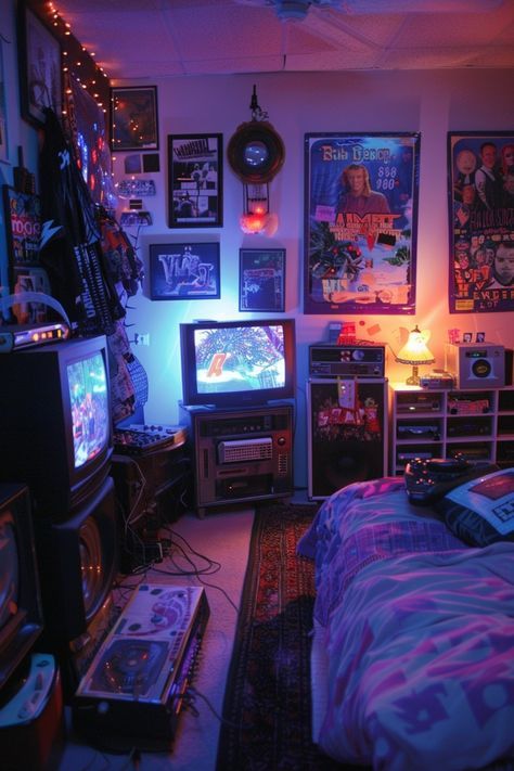 80s Rock Bedroom, 90s Room Aesthetic, Vibey Bedroom, Rock Bedroom, 80s Room Aesthetic, 90s Room, Create Pin, Rock Room, Grunge Bedroom