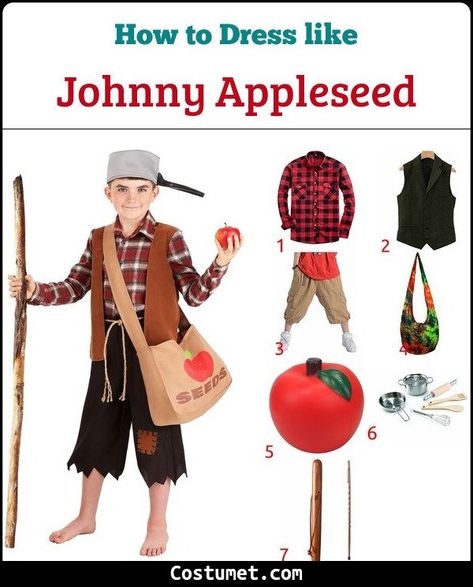 Johnny Appleseed Day Outfit, Diy Johnny Appleseed Costume, Johnny Appleseed Costume, Johnny Appleseed Hat Template Free, Johnny Apple Seed Activities, Jonny Appleseed Day, Red Checked Shirt, Johnny Appleseed, Brown Satchel