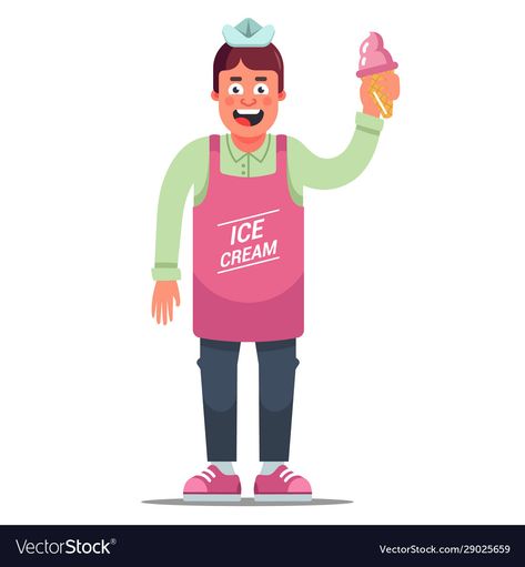 Ice Cream Seller, Flat Character, Ice Cream Illustration, Ios Emoji, Ice Cream Man, Hat Vector, Man Illustration, Character Vector, Make Ice Cream